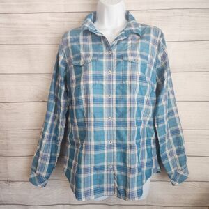 Eddie Bauer Small Blue Plaid Button Down Shirt Outdoor Casual Camping hiking